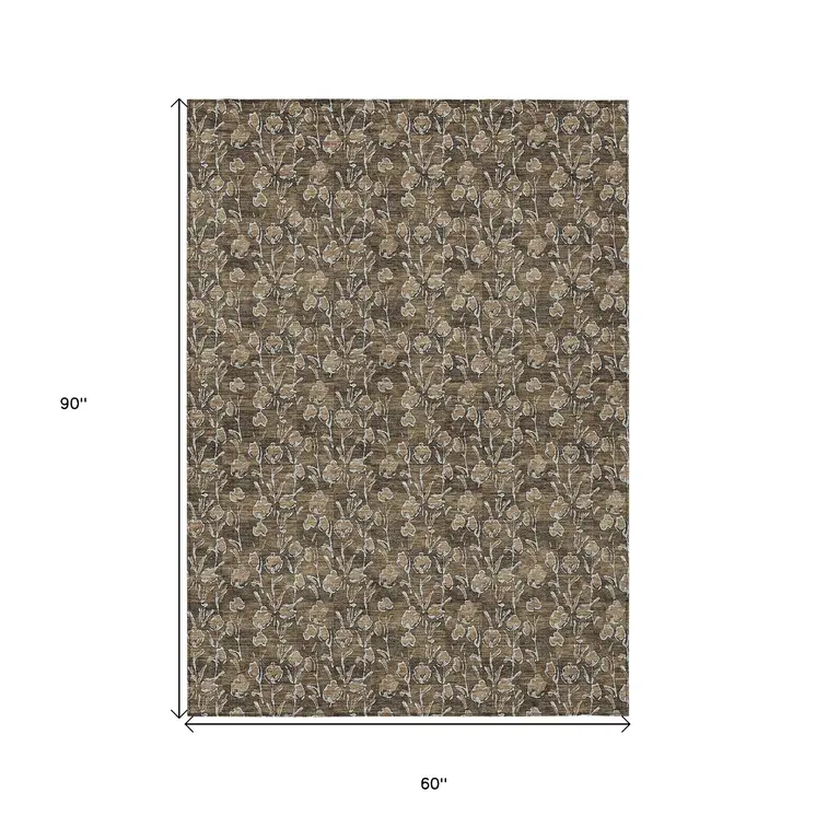 5' X 8' Brown And Ivory Floral Washable Indoor Outdoor Area Rug