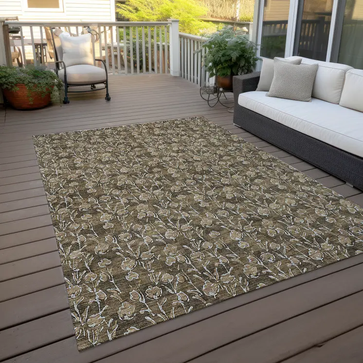 5' X 8' Brown And Ivory Floral Washable Indoor Outdoor Area Rug