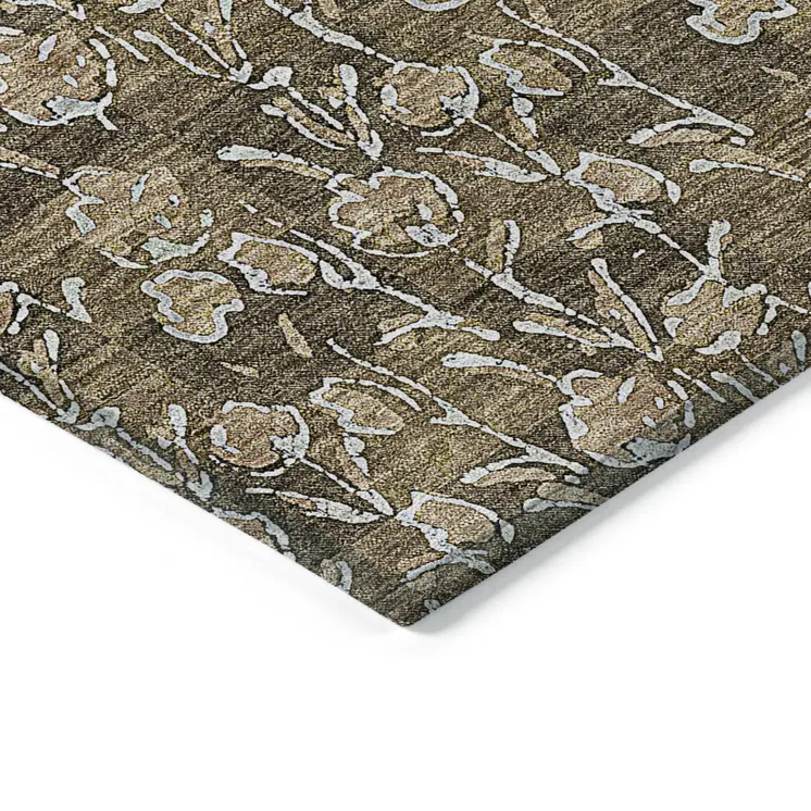 5' X 8' Brown And Ivory Floral Washable Indoor Outdoor Area Rug