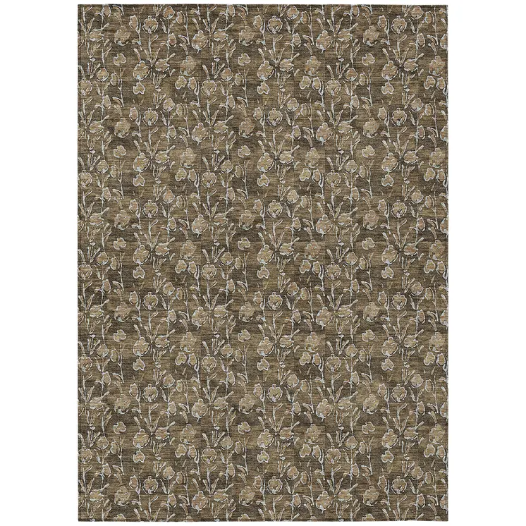 10' X 14' Brown And Ivory Floral Washable Indoor Outdoor Area Rug