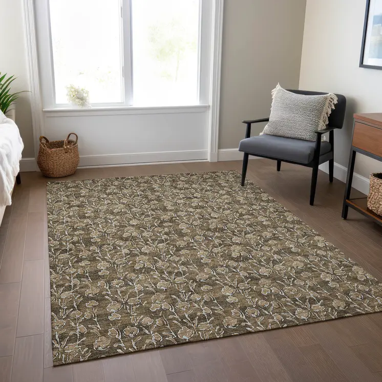 10' X 14' Brown And Ivory Floral Washable Indoor Outdoor Area Rug