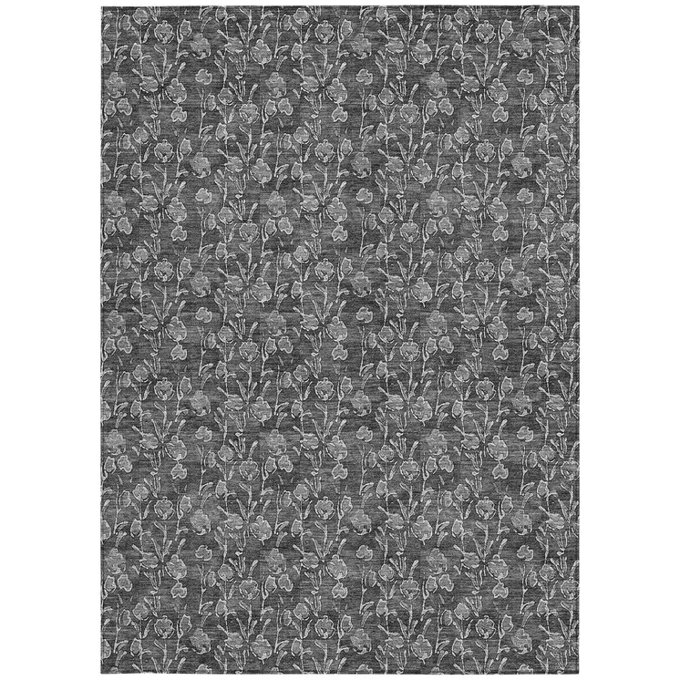 3' X 5' Gray Charcoal And Silver Floral Washable Indoor Outdoor Area Rug