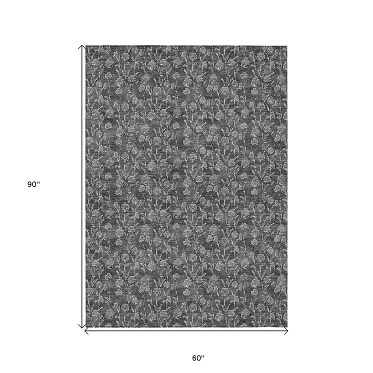 5' X 8' Gray Charcoal And Silver Floral Washable Indoor Outdoor Area Rug