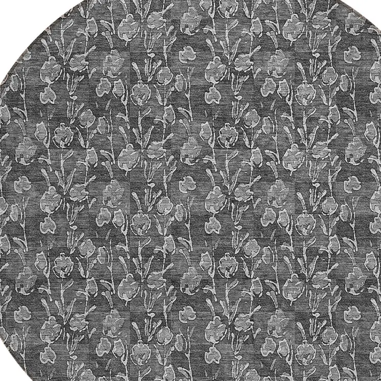 8' Gray Charcoal And Silver Round Floral Washable Indoor Outdoor Area Rug