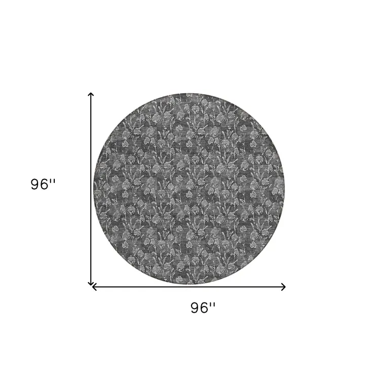 8' Gray Charcoal And Silver Round Floral Washable Indoor Outdoor Area Rug