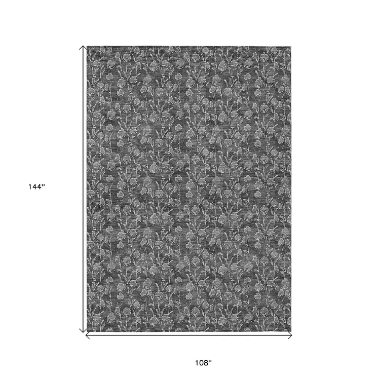 9' X 12' Gray Charcoal And Silver Floral Washable Indoor Outdoor Area Rug