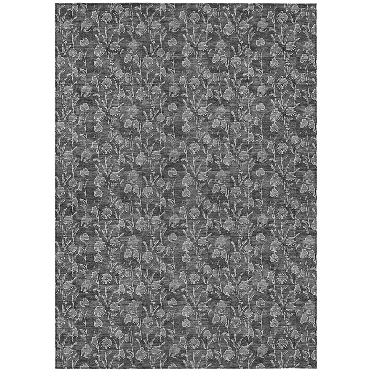 9' X 12' Gray Charcoal And Silver Floral Washable Indoor Outdoor Area Rug