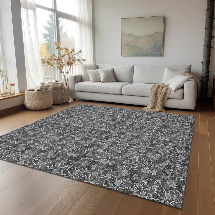 9' X 12' Gray Charcoal And Silver Floral Washable Indoor Outdoor Area Rug