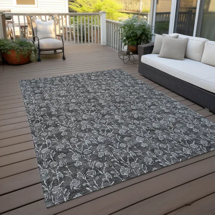 10' X 14' Gray Charcoal And Silver Floral Washable Indoor Outdoor Area Rug