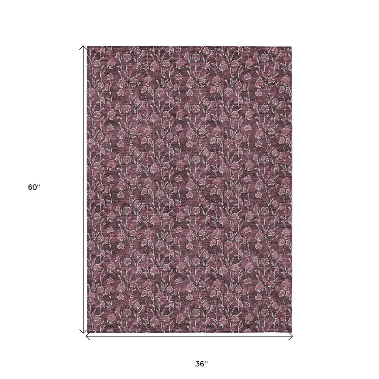 3' X 5' Merlot Mauve And Ivory Floral Washable Indoor Outdoor Area Rug