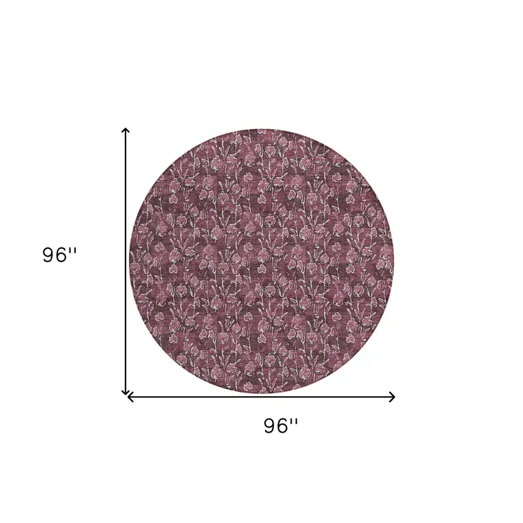 8' Merlot Mauve And Ivory Round Floral Washable Indoor Outdoor Area Rug