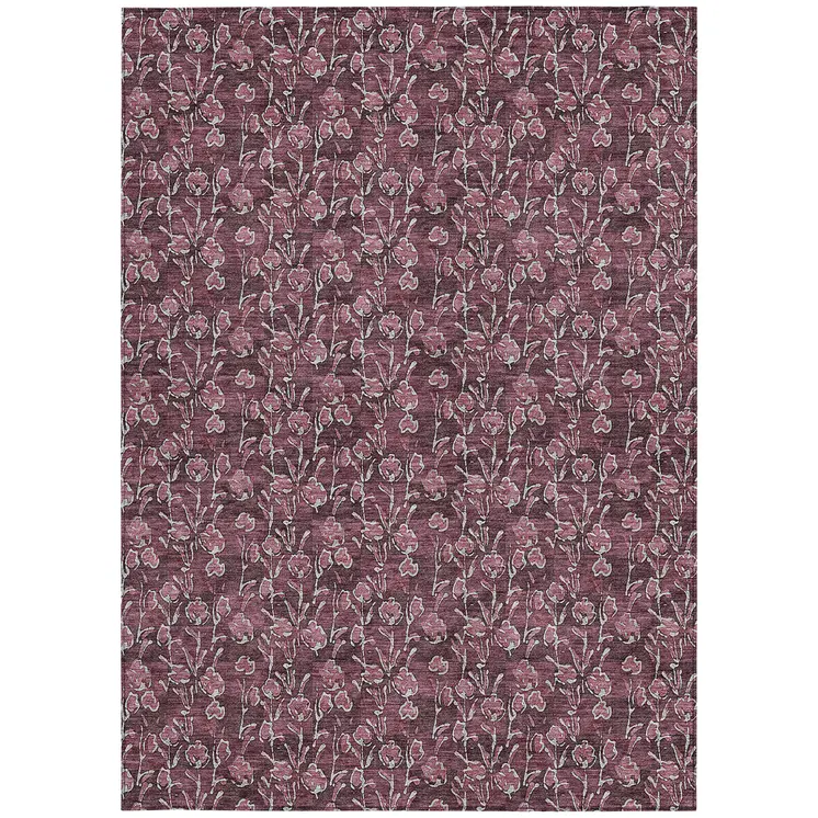 9' X 12' Merlot Mauve And Ivory Floral Washable Indoor Outdoor Area Rug