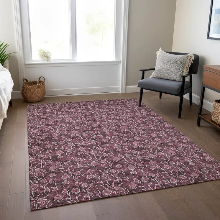 9' X 12' Merlot Mauve And Ivory Floral Washable Indoor Outdoor Area Rug