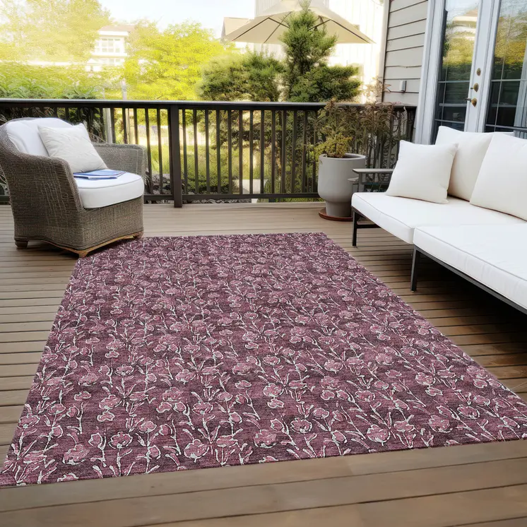 9' X 12' Merlot Mauve And Ivory Floral Washable Indoor Outdoor Area Rug
