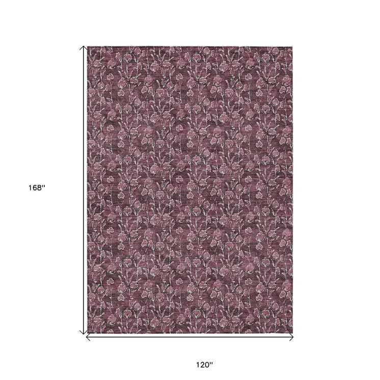 10' X 14' Merlot Mauve And Ivory Floral Washable Indoor Outdoor Area Rug