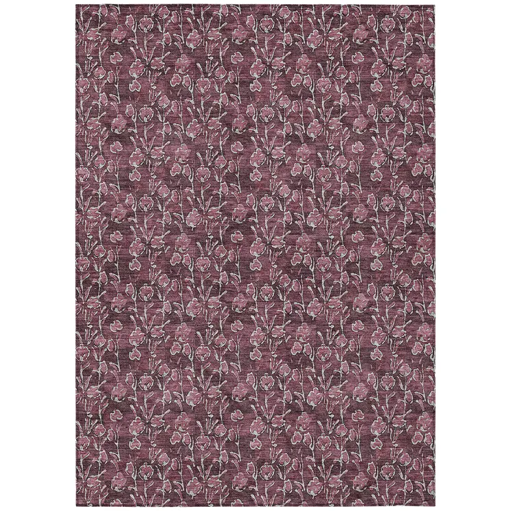 10' X 14' Merlot Mauve And Ivory Floral Washable Indoor Outdoor Area Rug