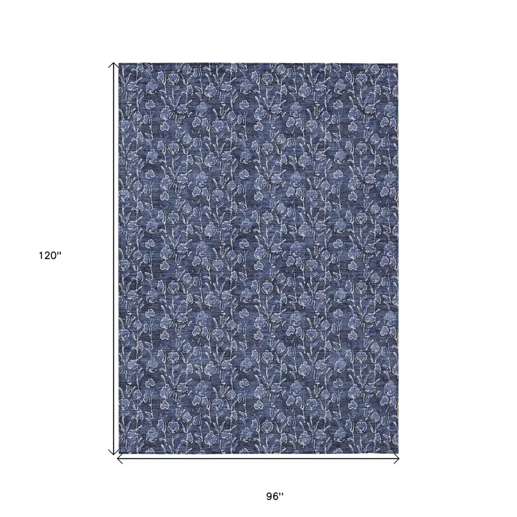 8' X 10' Navy Blue Denim Blue And Ivory Floral Washable Indoor Outdoor Area Rug