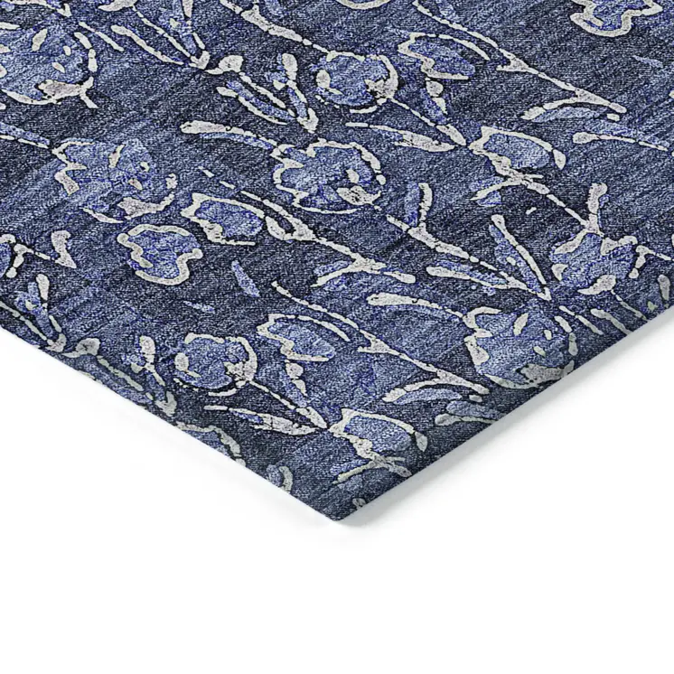 8' X 10' Navy Blue Denim Blue And Ivory Floral Washable Indoor Outdoor Area Rug
