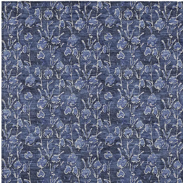8' X 10' Navy Blue Denim Blue And Ivory Floral Washable Indoor Outdoor Area Rug