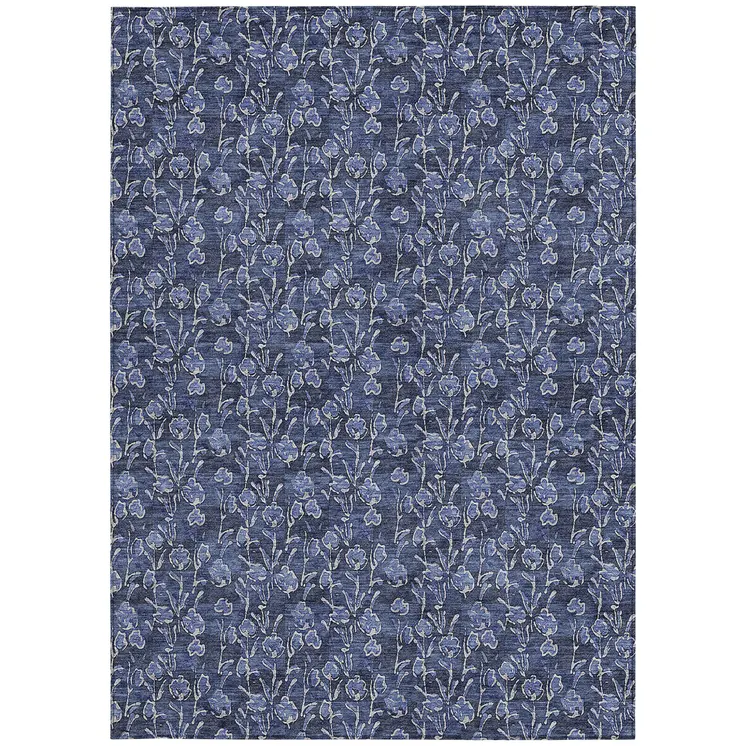 9' X 12' Navy Blue Denim Blue And Ivory Floral Washable Indoor Outdoor Area Rug