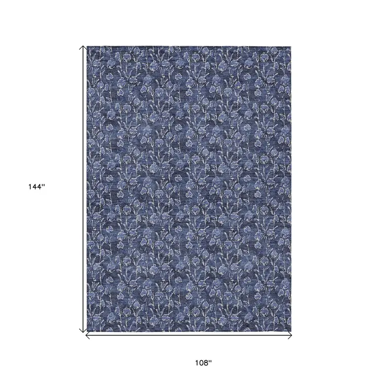 9' X 12' Navy Blue Denim Blue And Ivory Floral Washable Indoor Outdoor Area Rug
