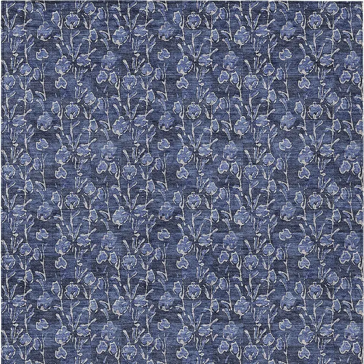 10' X 14' Navy Blue Denim Blue And Ivory Floral Washable Indoor Outdoor Area Rug
