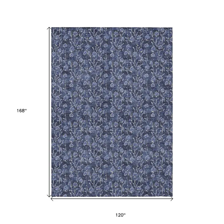 10' X 14' Navy Blue Denim Blue And Ivory Floral Washable Indoor Outdoor Area Rug