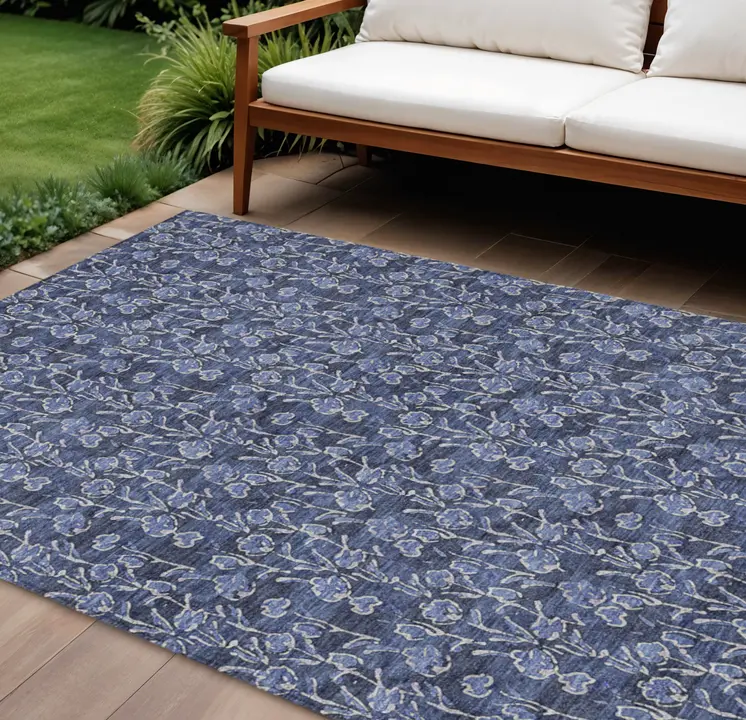 10' X 14' Navy Blue Denim Blue And Ivory Floral Washable Indoor Outdoor Area Rug
