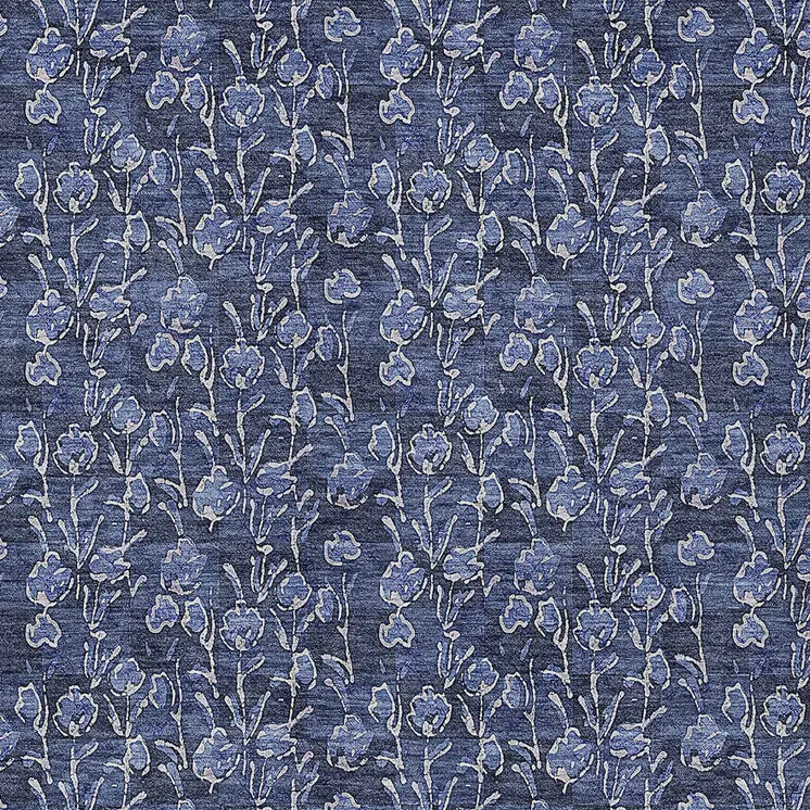 10' X 14' Navy Blue Denim Blue And Ivory Floral Washable Indoor Outdoor Area Rug