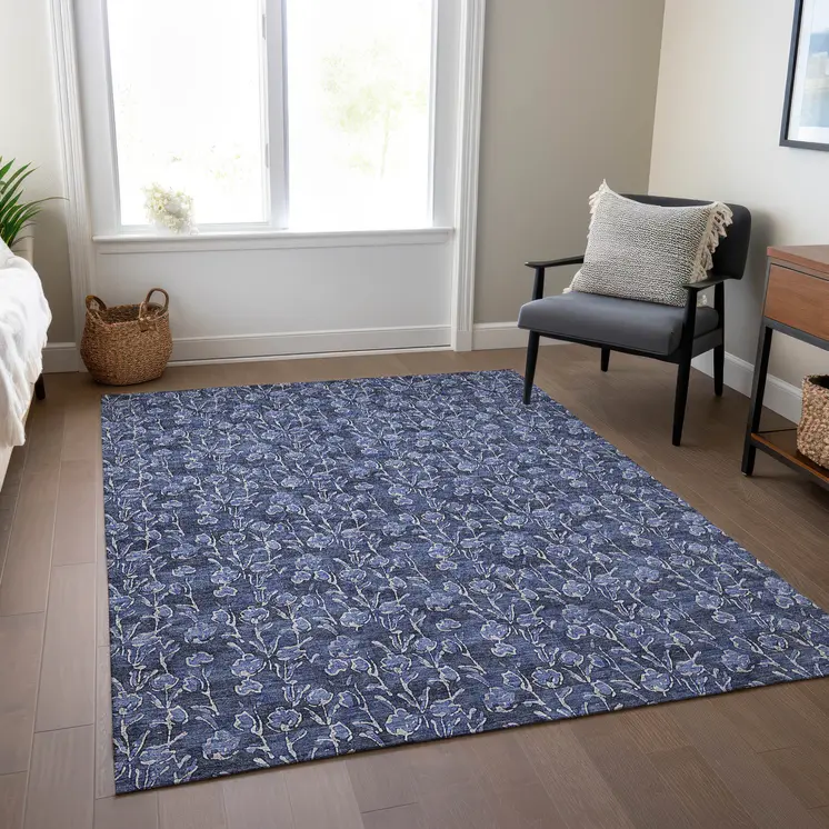 10' X 14' Navy Blue Denim Blue And Ivory Floral Washable Indoor Outdoor Area Rug