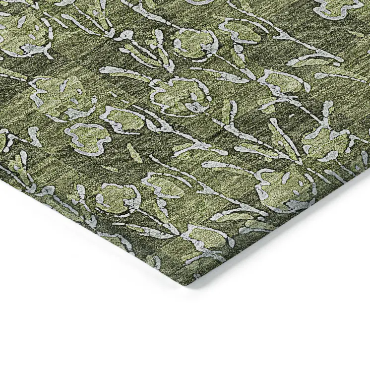 3' X 5' Olive Green Artichoke Green And Ivory Floral Washable Indoor Outdoor Area Rug