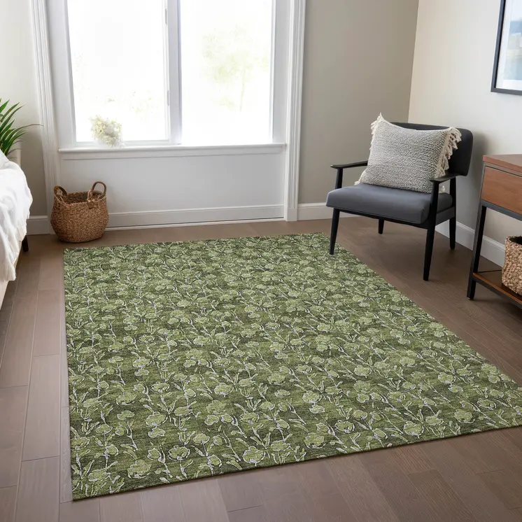 3' X 5' Olive Green Artichoke Green And Ivory Floral Washable Indoor Outdoor Area Rug