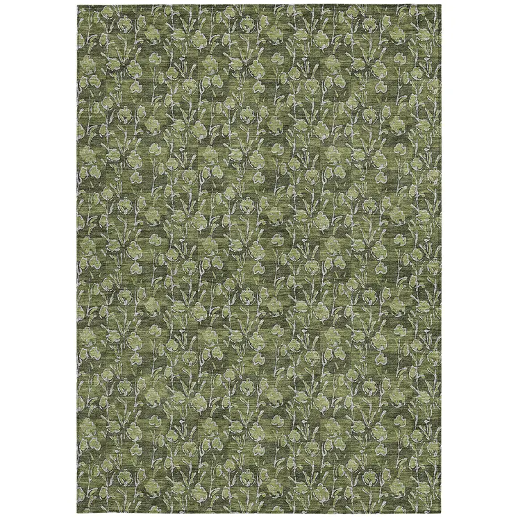 8' X 10' Olive Green Artichoke Green And Ivory Floral Washable Indoor Outdoor Area Rug
