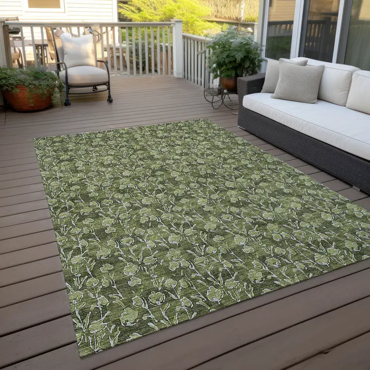 8' X 10' Olive Green Artichoke Green And Ivory Floral Washable Indoor Outdoor Area Rug