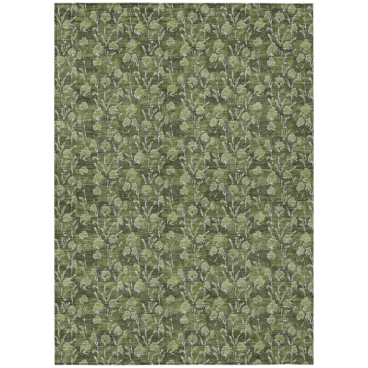 8' X 10' Olive Green Artichoke Green And Ivory Floral Washable Indoor Outdoor Area Rug