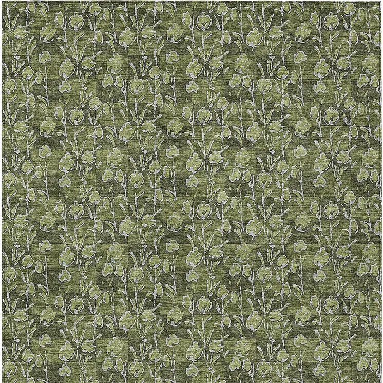 8' X 10' Olive Green Artichoke Green And Ivory Floral Washable Indoor Outdoor Area Rug