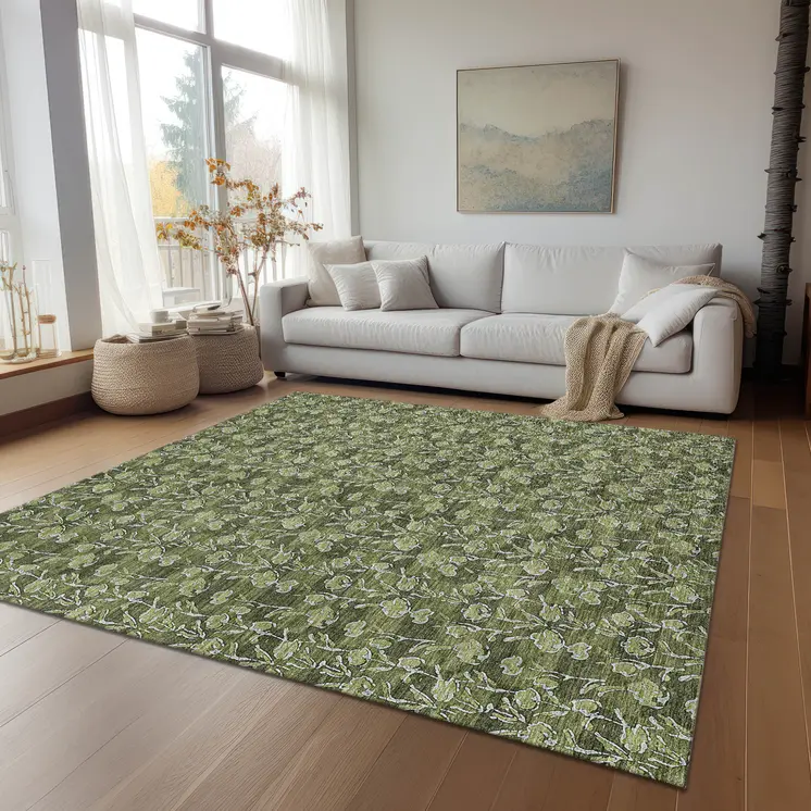 8' X 10' Olive Green Artichoke Green And Ivory Floral Washable Indoor Outdoor Area Rug