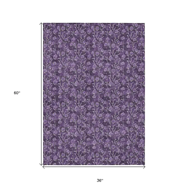 3' X 5' Purple Eggplant And Ivory Floral Washable Indoor Outdoor Area Rug