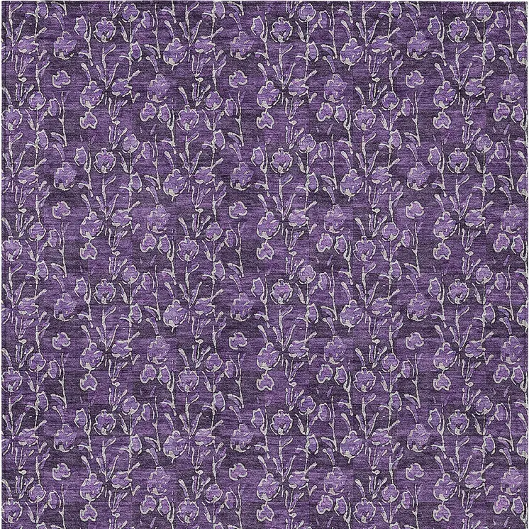 5' X 8' Purple Eggplant And Ivory Floral Washable Indoor Outdoor Area Rug