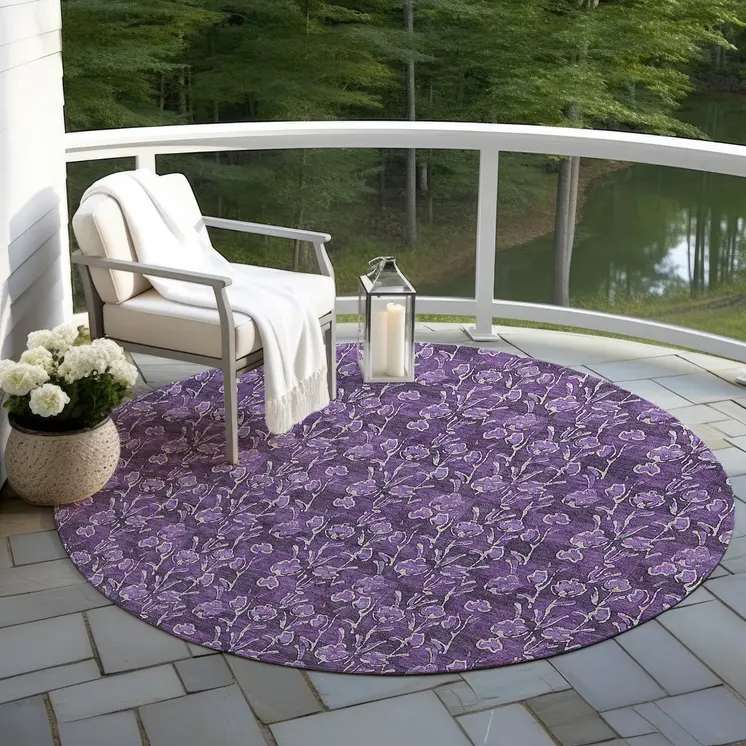 8' Purple Eggplant And Ivory Round Floral Washable Indoor Outdoor Area Rug