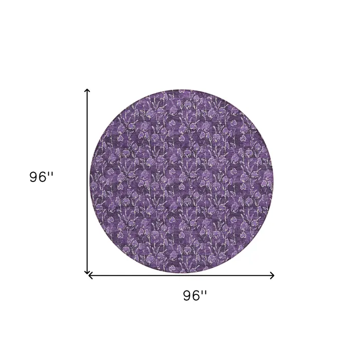 8' Purple Eggplant And Ivory Round Floral Washable Indoor Outdoor Area Rug