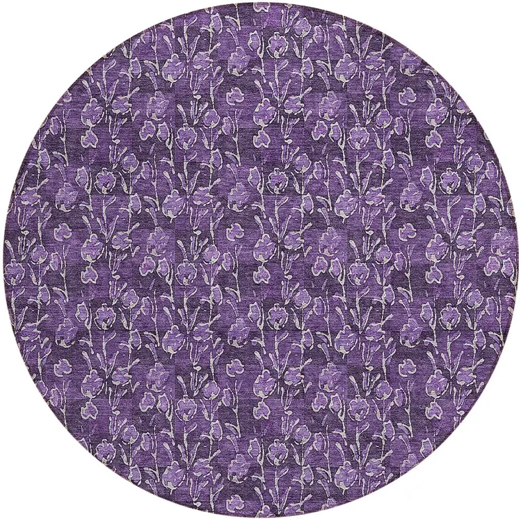 8' Purple Eggplant And Ivory Round Floral Washable Indoor Outdoor Area Rug