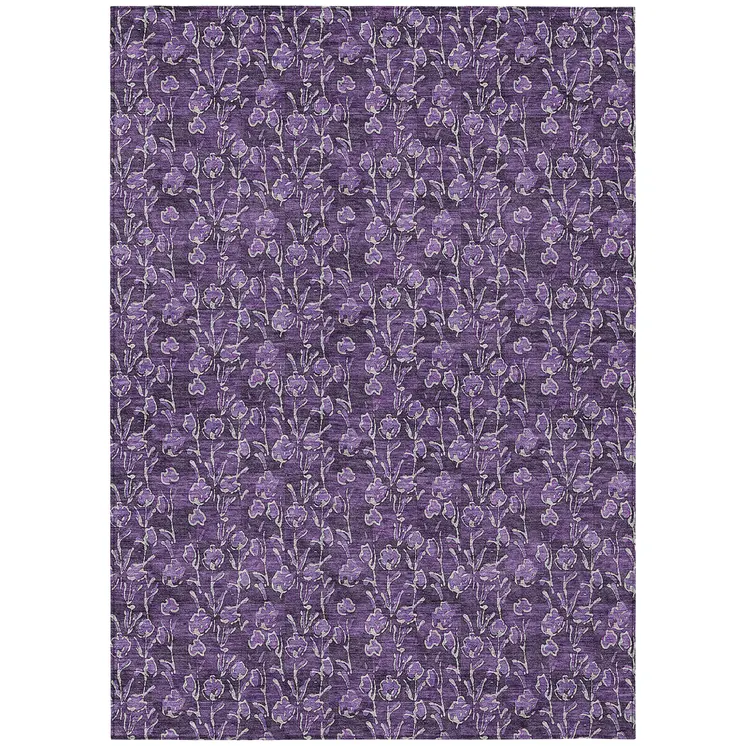 8' X 10' Purple Eggplant And Ivory Floral Washable Indoor Outdoor Area Rug