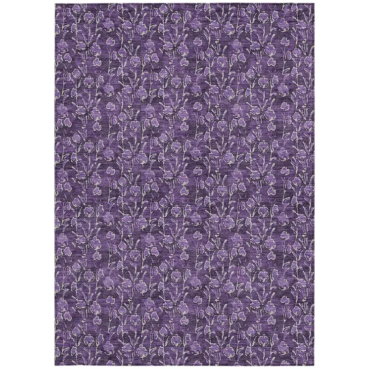 9' X 12' Purple Eggplant And Ivory Floral Washable Indoor Outdoor Area Rug