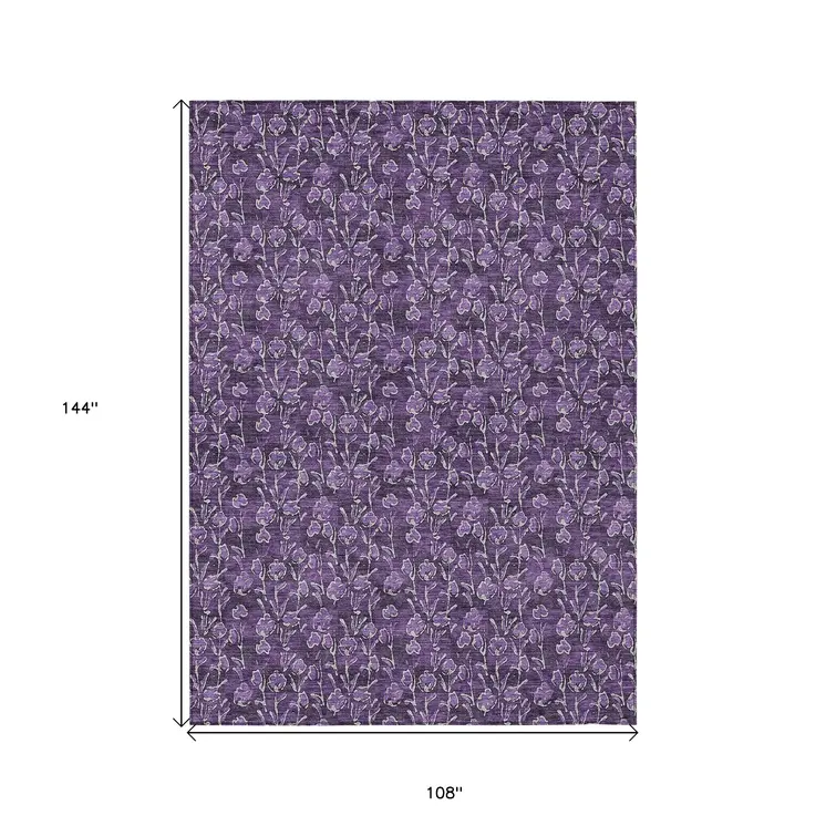 9' X 12' Purple Eggplant And Ivory Floral Washable Indoor Outdoor Area Rug