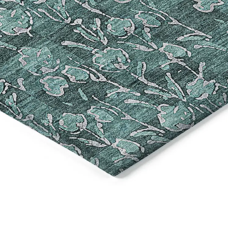 3' X 5' Teal Blue Aqua And Ivory Floral Washable Indoor Outdoor Area Rug