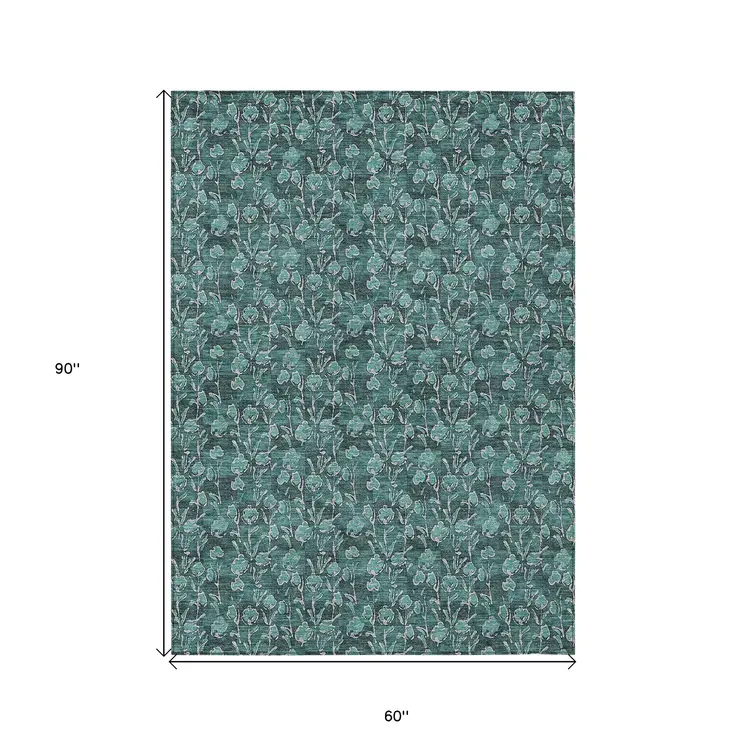 5' X 8' Teal Blue Aqua And Ivory Floral Washable Indoor Outdoor Area Rug