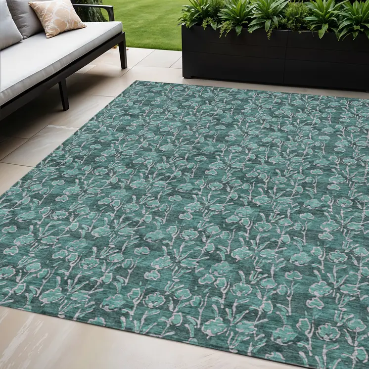 5' X 8' Teal Blue Aqua And Ivory Floral Washable Indoor Outdoor Area Rug