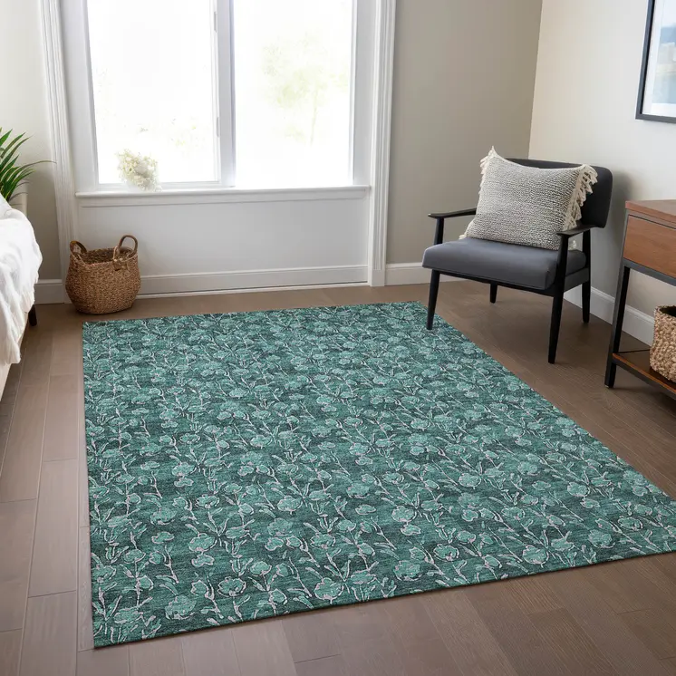 5' X 8' Teal Blue Aqua And Ivory Floral Washable Indoor Outdoor Area Rug