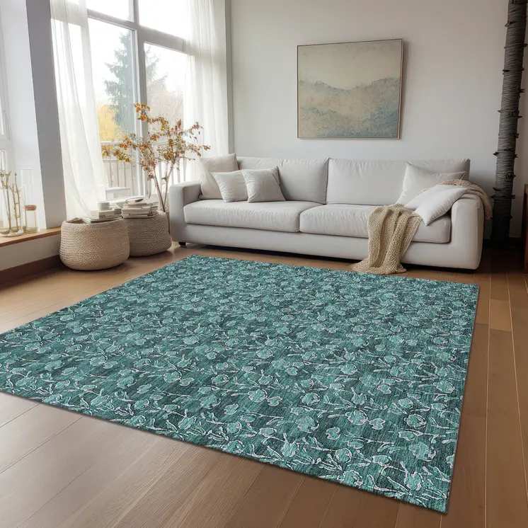 5' X 8' Teal Blue Aqua And Ivory Floral Washable Indoor Outdoor Area Rug